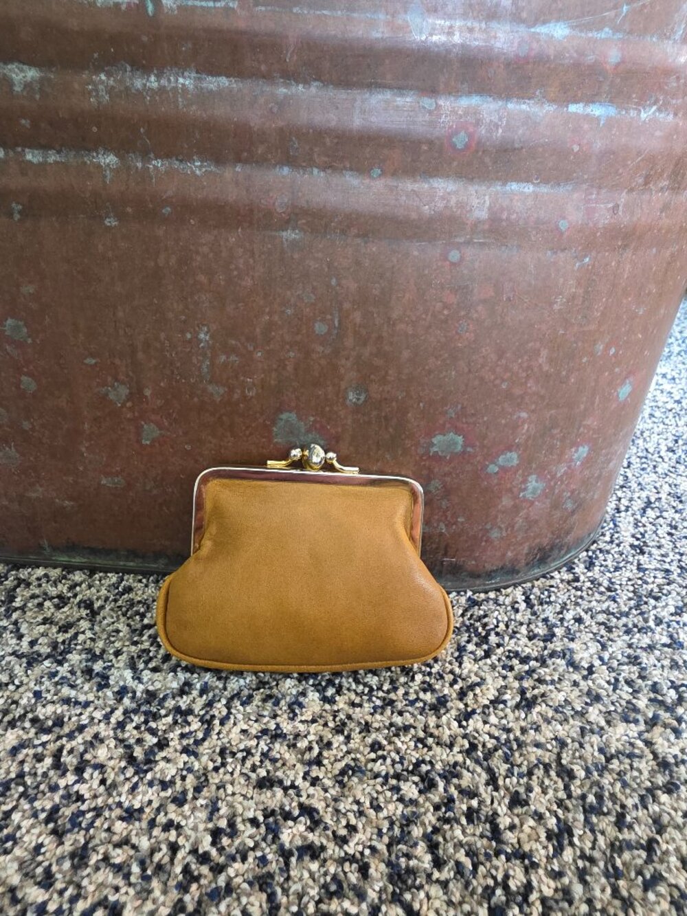 Vintage Tan Leather Double Kiss Lock Coin Purse Pouch Small Frame - Picture 2 of 9